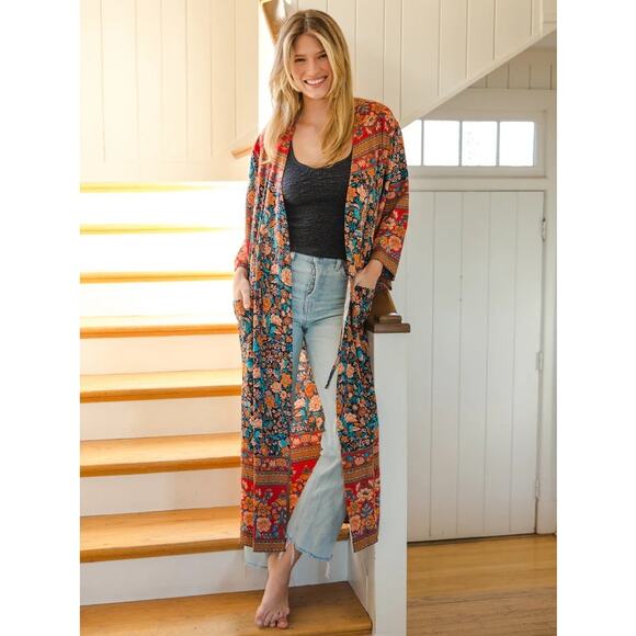 Natural Life Open Kimono Robe Jacket Boho Floral Long Duster S/M NWT - Picture 1 of 8